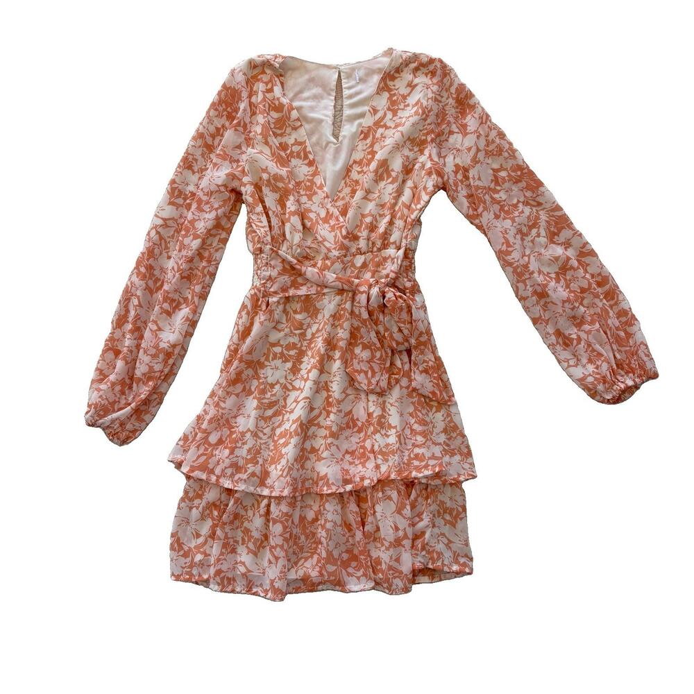 Forever 21 Long Sleeve Spring Floral Dress Orange Tiered Mini Skirt Size Small